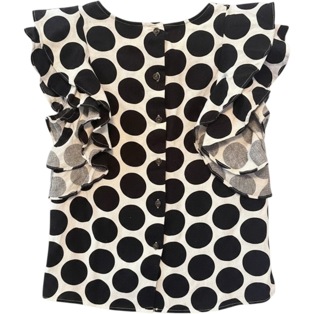 Who What Wear Polka Dot Ruffle Sleeveless Blouse Black White Button Back XS